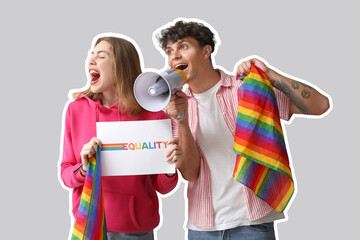 Young couple with LGBT flags, word EQUALITY and megaphone shouting on light background