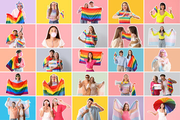 Collage of many people with LGBT flags on color background