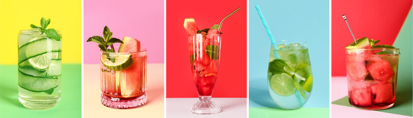 Collage of different tasty Mojito cocktails on color background