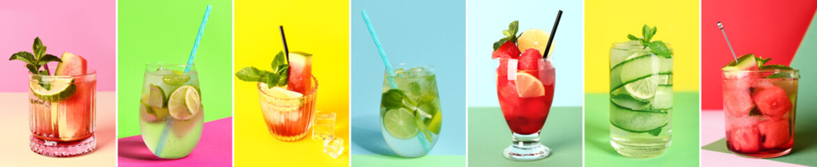 Collage of tasty Mojito cocktails on color background