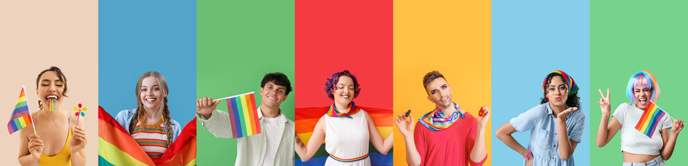Collage of many people with LGBT flags on color background