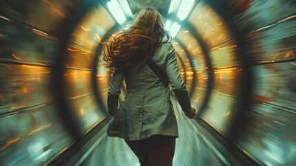 A woman is captured from behind walking through a circular tunnel with dynamic lighting and motion blur The scene is vibrant and conveys a sense of movement