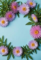 Obraz premium Purple Flowers Frame on Blue Background