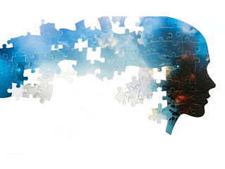 A Fiery Nebula Superimposed on a Woman's Head Comprised of Puzzle Pieces