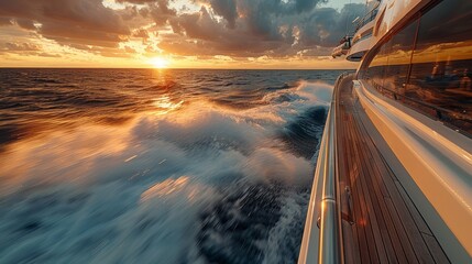 View from the side of a luxury yacht cutting through the water with a stunning sunset in the background - Powered by Adobe