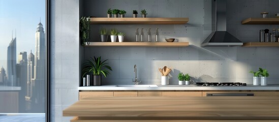 Stylish kitchen interior with cooking zone with sink, stove and hood. Wooden shelves, minimalist decoration and panoramic window on skyscrapers.