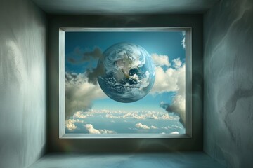 View of planet Earth from a window. As if you live on the Moon and your home planet is very far away