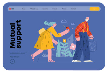 Mutual Support: Picking Up the Dropped Item -modern flat vector concept illustration of a woman who picked up a wallet lost by an elderly man Metaphor of voluntary, collaborative exchanges of services