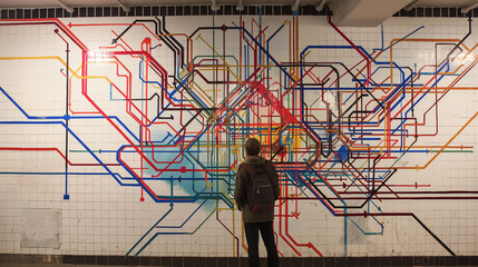person with train map tunnel