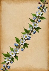 Vintage White Flowers and Blue Berries on Old Paper Background