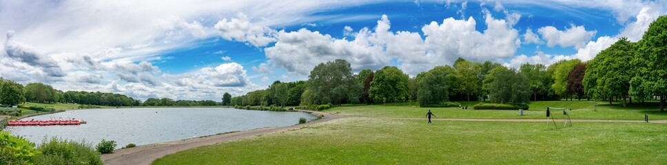 Sailing lake panorama in Fairlands Valley Park. Stevenage, UK