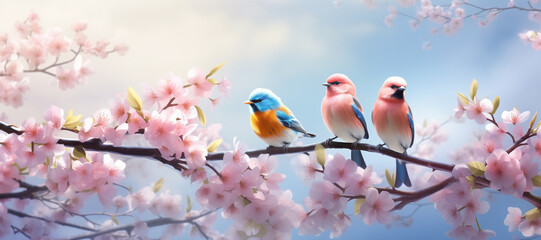 Fototapeta premium Flock of birds are singing happily on the branches of a tree with spring flower blossoms and sun light , spring season background