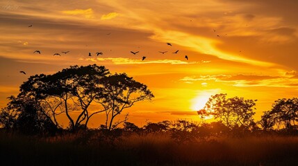 Warm sunset scene with a yellow background, silhouettes of trees, birds, and clouds for a serene and tranquil atmosphere