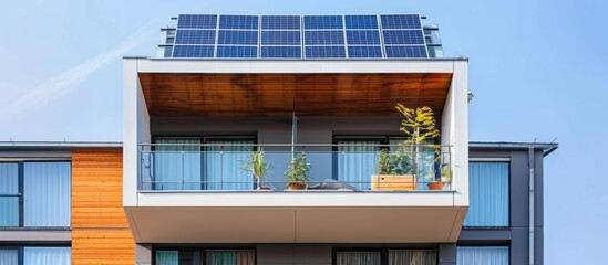 Solar panels on Balcony of Apartment Building in City. Modern Balcony with Solar Panel.