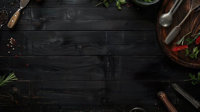 The background of cooking. On a black wooden background