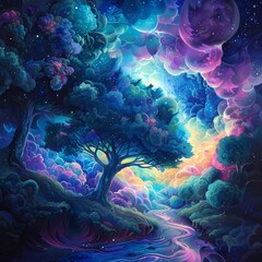 Mystical landscape with a giant tree, river and bright nebula in the sky.