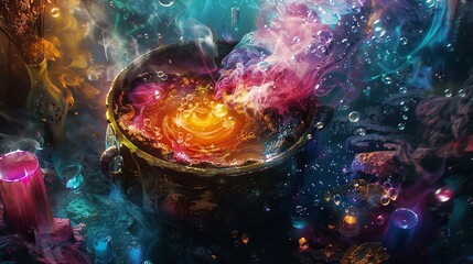 Mystical image of a magic potion with bright colors and a magical atmosphere.