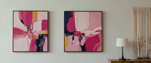 Abstract paintings hanging on white wall in art gallery 