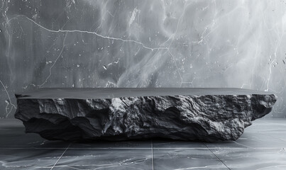 Black stone podium with an asymmetrical design, set against a textured dark wall. Perfect for product display, minimalist settings, and modern interior concepts