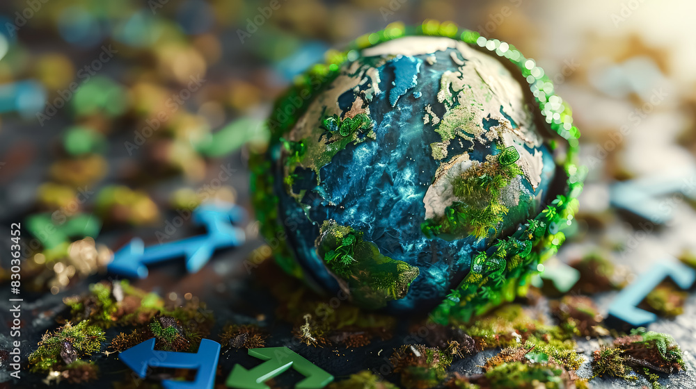 Poster a small globe with green plants on it is surrounded by a pile of arrows. the arrows are pointing in 