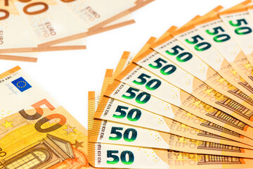 Fan of 50, euro isolated on white background. Euro money notes. Fan of euro banknotes isolated.