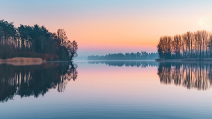 Fototapeta premium A calm lake at dawn with the first light of day reflecting off the water and a line of trees in the background