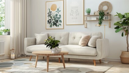Living Room Interior with Sofa and Armchair, Modern Minimalistic Design with Plants and Artwork