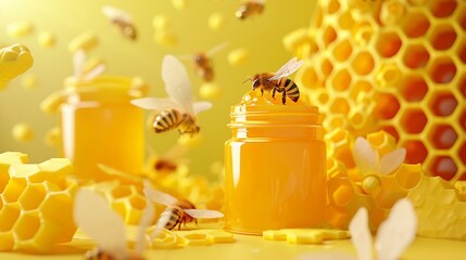 Whimsical honeybee hive backdrop with a yellow background, honeycomb patterns, bee illustrations, and jars of honey