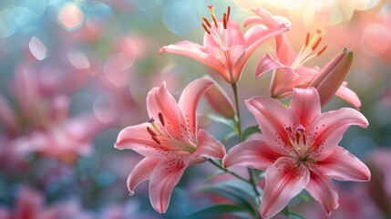 Fototapeta premium soft pink lilies blooming elegantly in the background, an abstract nature concept with space for text or design, adds beauty to the scene