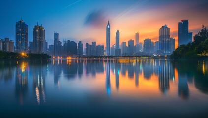 Fototapeta premium City Skyline with Modern Buildings at Sunset, Reflection on Water, Urban Landscape and Colorful Sky