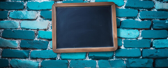 blackboard with empty middle on blue wall