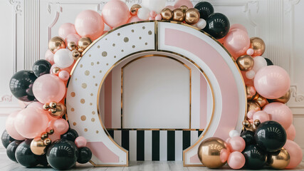 frame with ballons for birthday party in pink, rose gold, pastel, tender theme. Decoration for party, AI generated