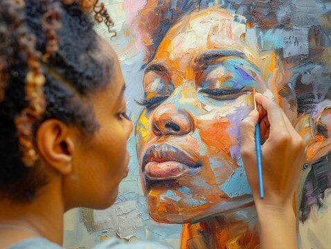 an African American woman painting a self portrait on a canvas she is in her art studio Oil painting, V4 painterly