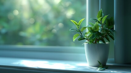 Close-up of a plant on a windowsill, concept of realistic modern interior design