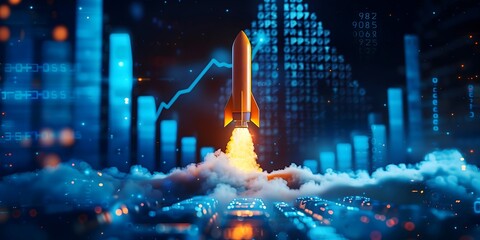 Orange rocket ship taking off with blue stock market chart, financial data