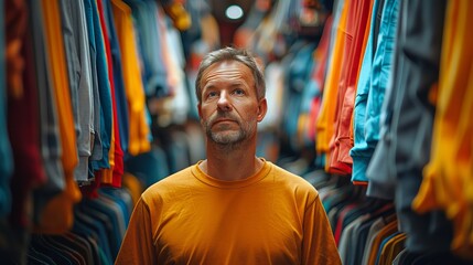 Middle-aged man in casual attire pondering amidst colorful apparel in a clothing store - Powered by Adobe