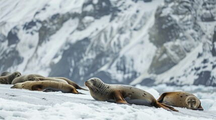 A group of seals are laying on the snow in the middle of a frozen ocean