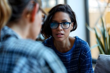 Diverse African American female psychologist talks to patient, therapy session, mental health