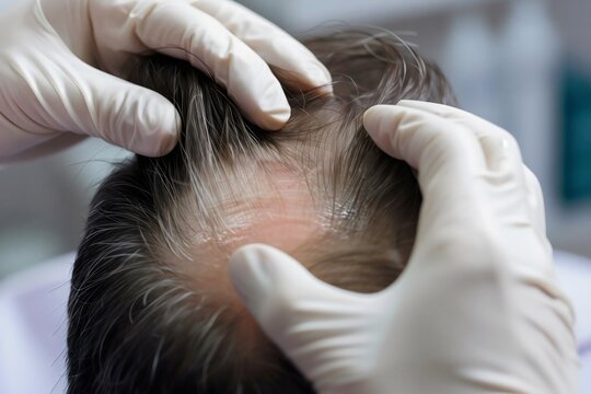 Mans balding head being examined by dermatologist, hair loss alopecia concept