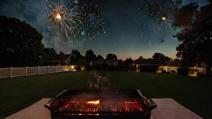 Backyard Grill Lighting Up The Night With Fireworks On Fourth Of July Evening