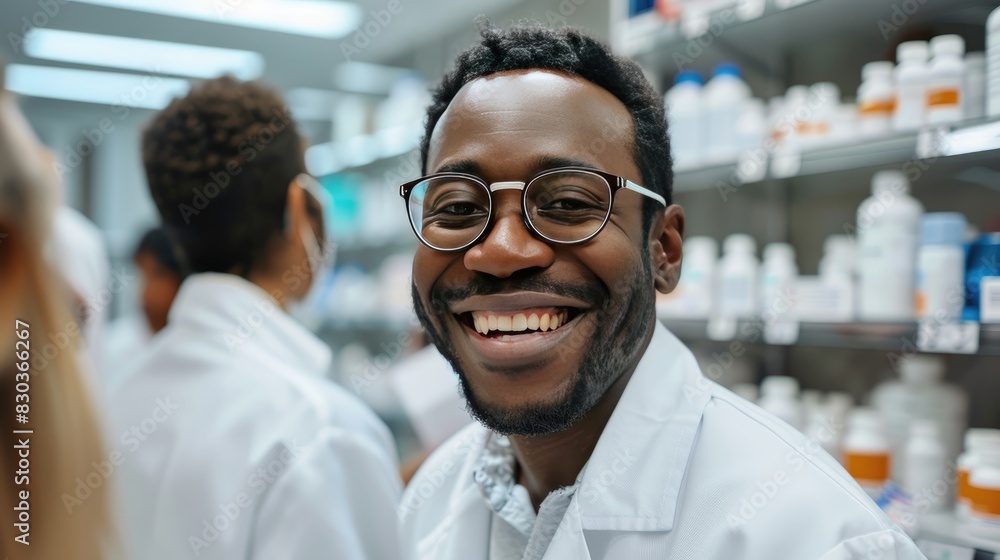 Poster a man in a white lab coat is smiling and looking at the camera. he is surrounded by bottles and othe