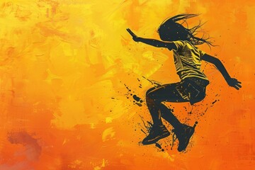 A girl is jumping in the air with a yellow shirt. The background is orange