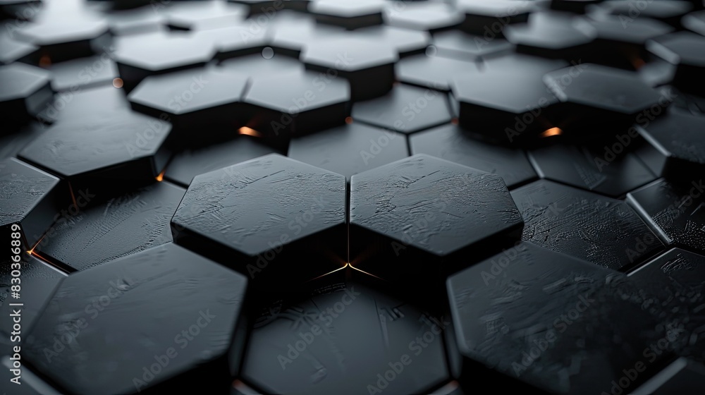 Poster a close up of black hexagonal shapes with a black background. the shapes are arranged in a way that 