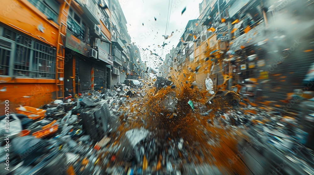 Wall mural Capturing the explosive force of garbage dispersion in a city environment under a cloudy sky