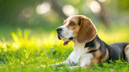 Show dog of breed of beagle on a natural green background .