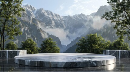 Marble Podium with a view of the mountains with trees. The front showcase with a stage for products. A pedestal for the presentation of goods, generative ai