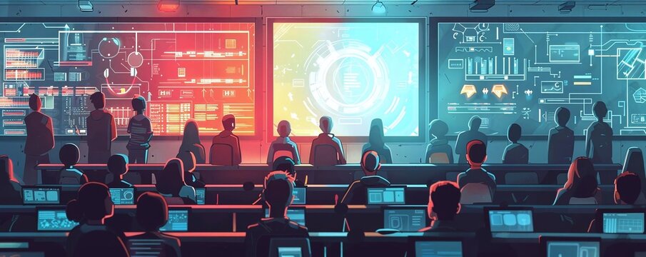 Imagine a futuristic classroom with advanced technology and attentive students