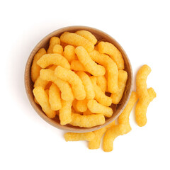 Wooden bowl with tasty corn sticks on white background