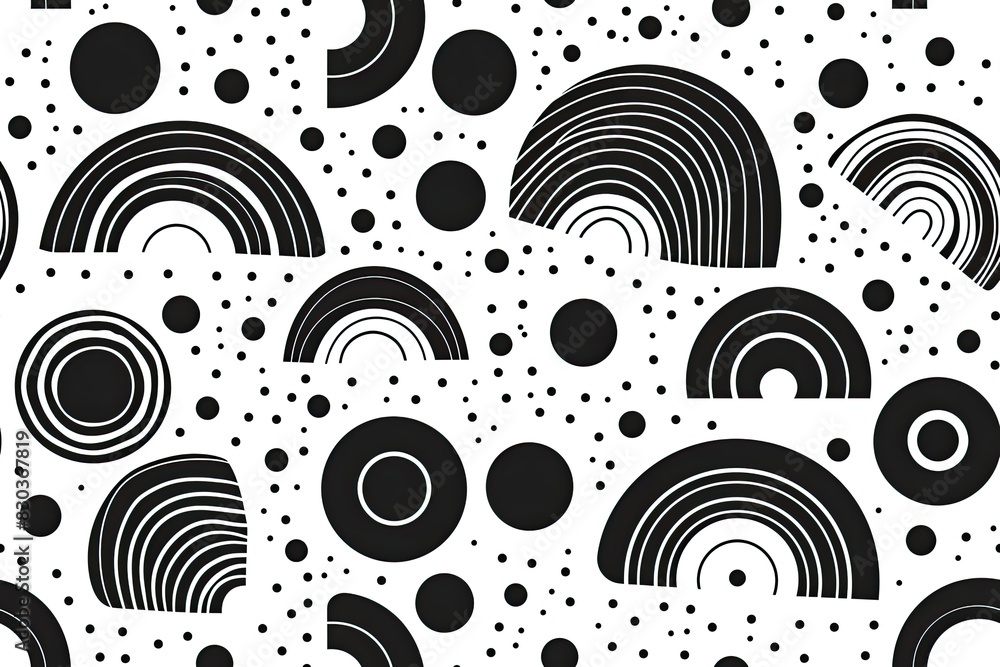 Poster a black and white pattern of circles and arcs. the circles are of varying sizes and the arcs are of 