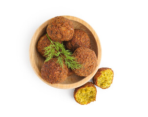 Wooden bowl with delicious falafel balls on white background